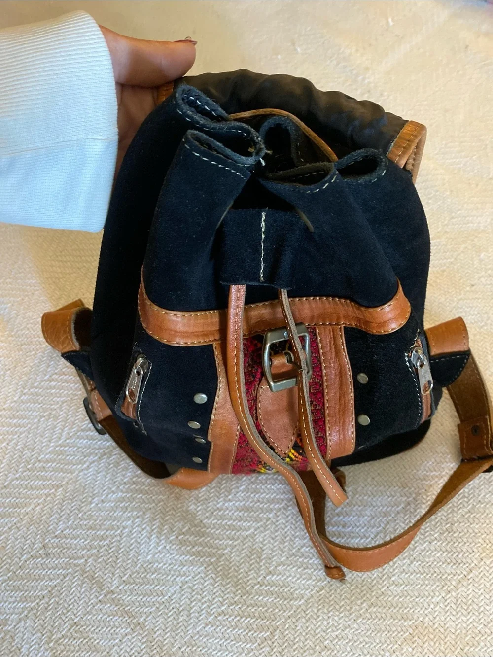 Midsize Black & Brown Embroidered Suede Backpack